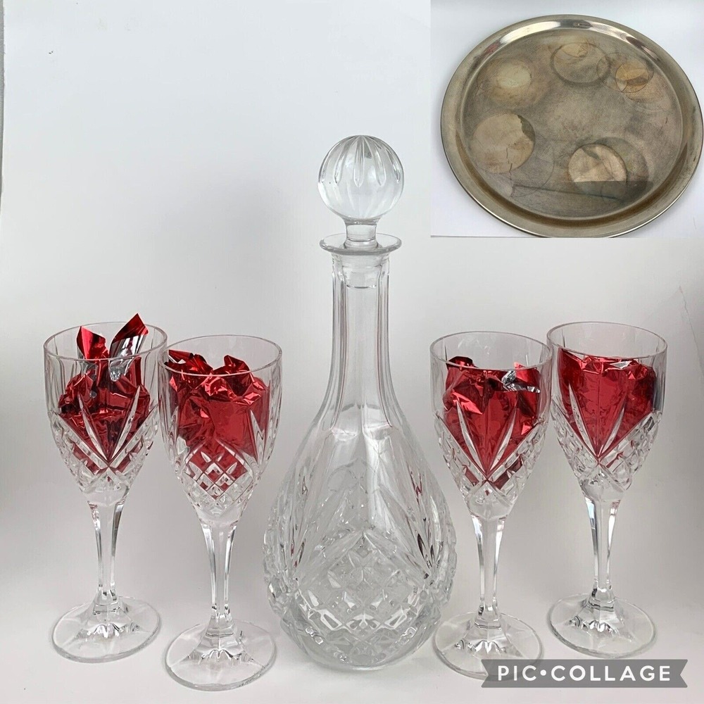 Godinger Dublin 7.75" X 3" Wine Glasses 10" Decanter 4" T Stopper 13" Tray Set